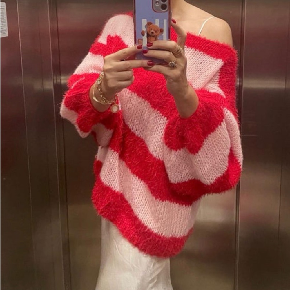 Handmade Striped Red & Pink Mohair Sweater OS